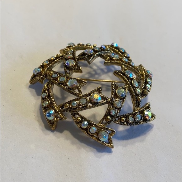 Vintage mid century brooch gold & AB rhinestones - Picture 2 of 4